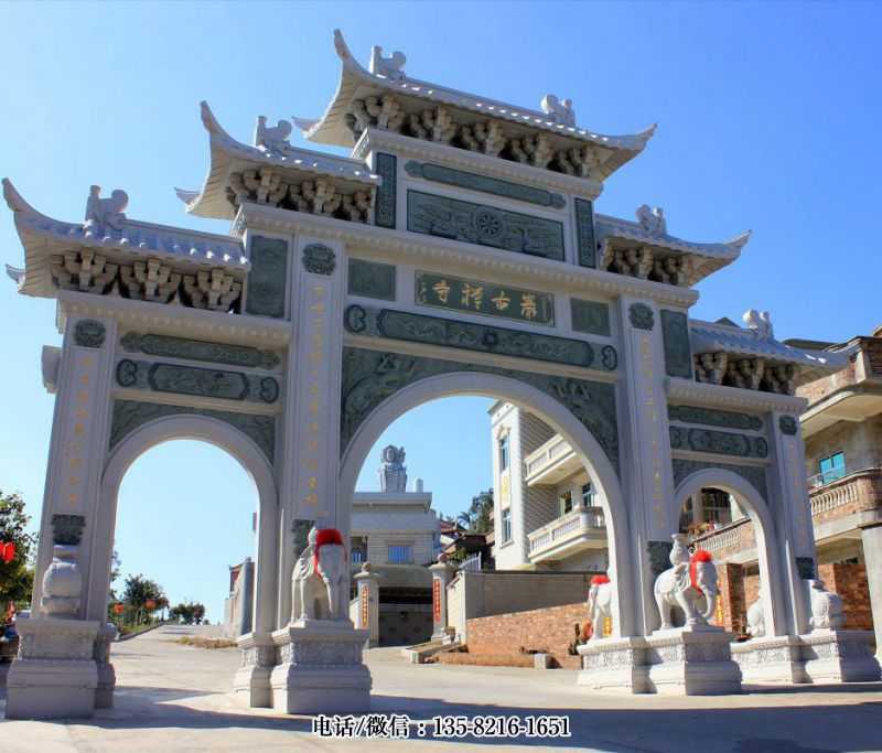 三间四柱寺庙仿古石雕牌楼